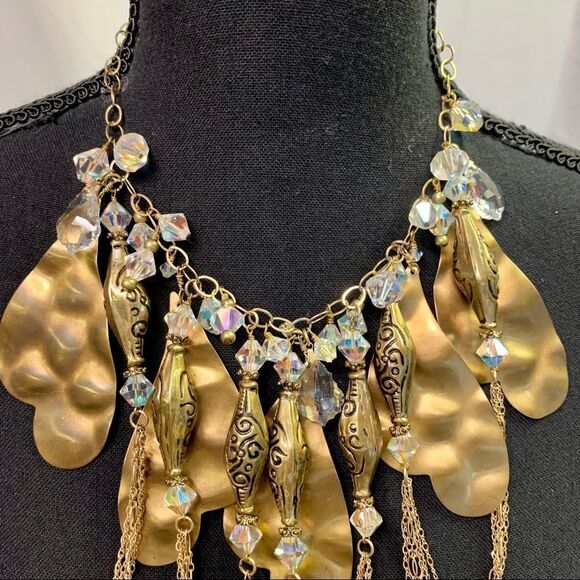 UNIQUE gold bronze brass chunky Swarovski crystal teardrop chain necklace - Picture 3 of 7